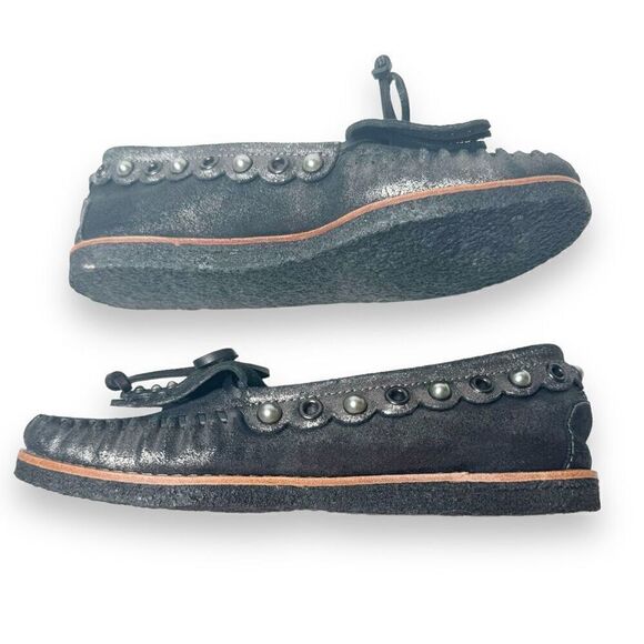 COACH Roccasin Black Metallic Leather Slip On Moccasins Sherpa Flat Loafers Sz 6 - Picture 7 of 10